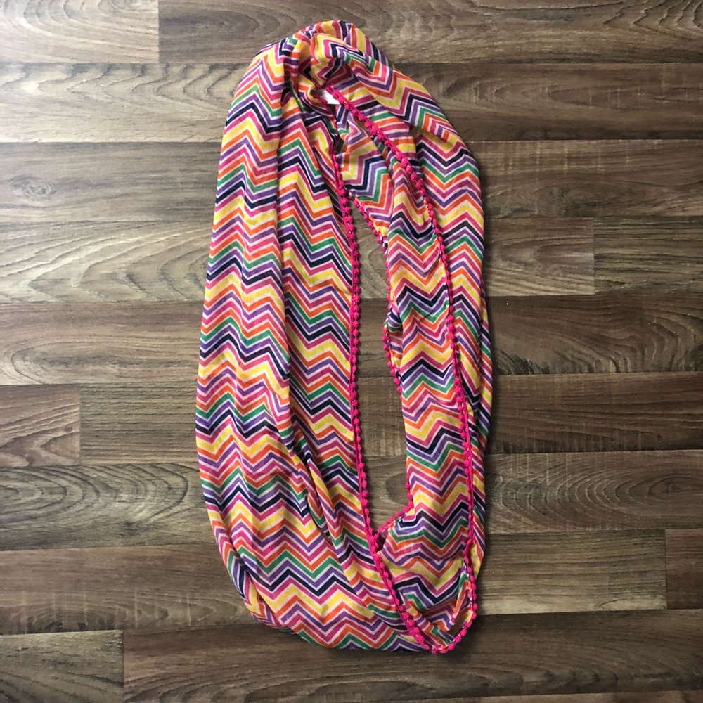NWT Bright Multicolor Infinity Scarf w/ Pink Trim